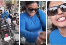 കലിപ്പ് ഡാ…….’ഞാനെന്തിന് വെറുതെ വിടണം?’; കല്ലുകൊണ്ട് ബുള്ളറ്റ് തകർക്കാൻ ശ്രമിച്ച് യുവതി, കാഴ്ചക്കാരായ പോലീസ് – വീഡിയോ വൈറൽ