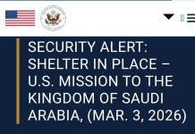 റിയാദ്, ദഹ്റാൻ, ജിദ്ദ പ്രദേശങ്ങളിൽ യു എസ് പൗരന്മാരോട് ഷെൽട്ടർ അഭയം തേടാൻ മുന്നറിയിപ്പ്